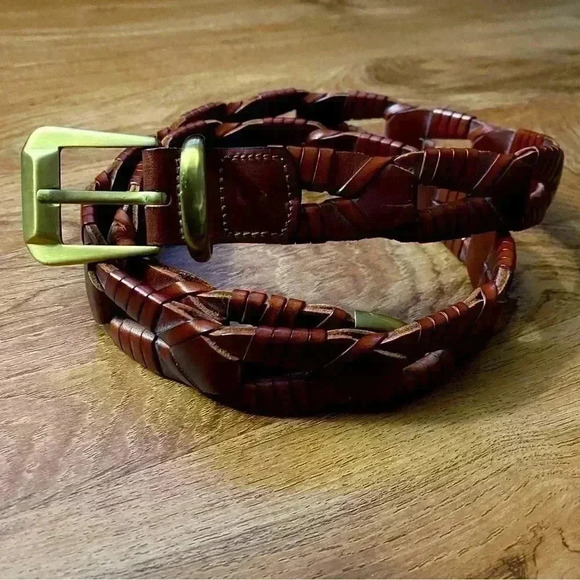 Woven Leather Belt|Made In‎ Spain|Caramel Brown|Gold Tone Metal|Size 36 - Picture 1 of 6